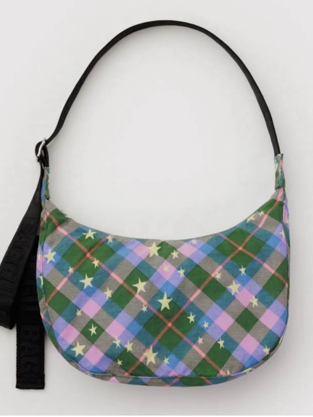 NEW BAGGU Nylon Crescent Bag in Green Star Plaid Small